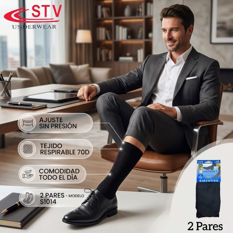 Pack 2 Pares de Calcetines Negros Ejecutivos Talla Única Elastano 70D - Ajuste sin Presión