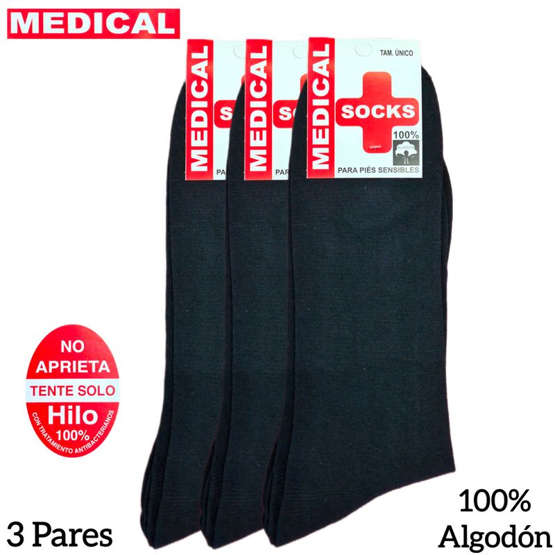 Pack 3 Pares de Calcetines Negros Medical Socks Para Pies Sensibles - No Aprieta - Hilo 100% Algodón - Talla Única.