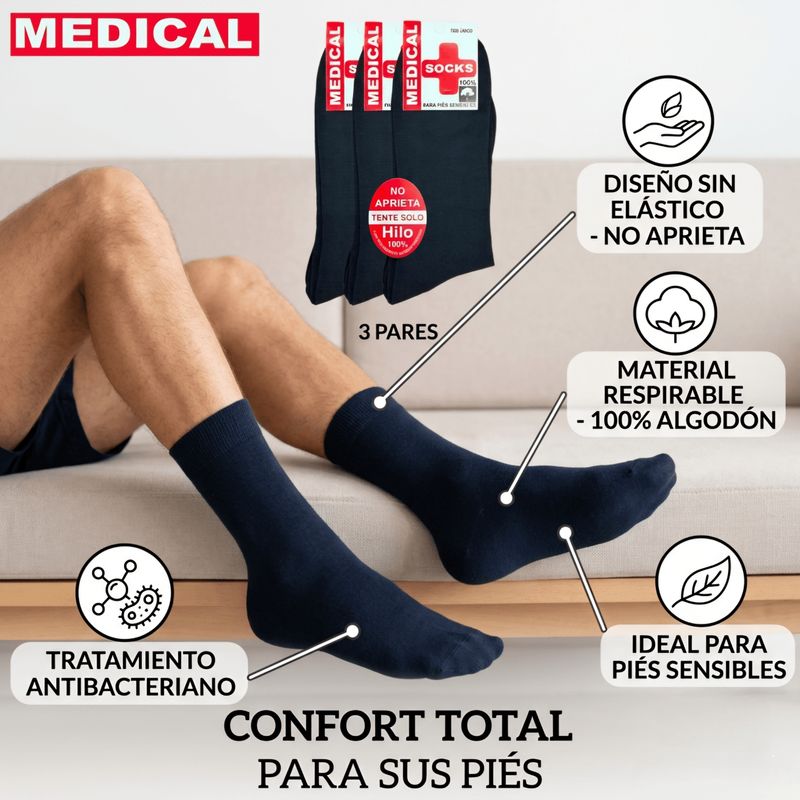Pack 3 Pares de Calcetines Negros Medical Socks Para Pies Sensibles - No Aprieta - Hilo 100% Algodón - Talla Única.