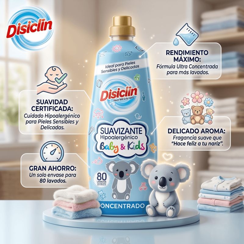 Suavizante Concentrado Disiclin Hipoalergénico Baby & Kids - Ideal para Pieles Sensibles y Delicadas 80 Lavados