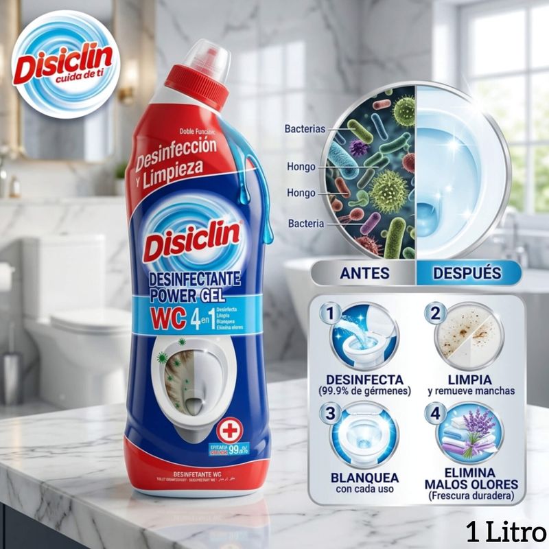 Disiclin Desinfectante Power Gel WC 4 en 1 (Desinfecta - Limpia - Blanquea - Elimina olores - 1 Litro.