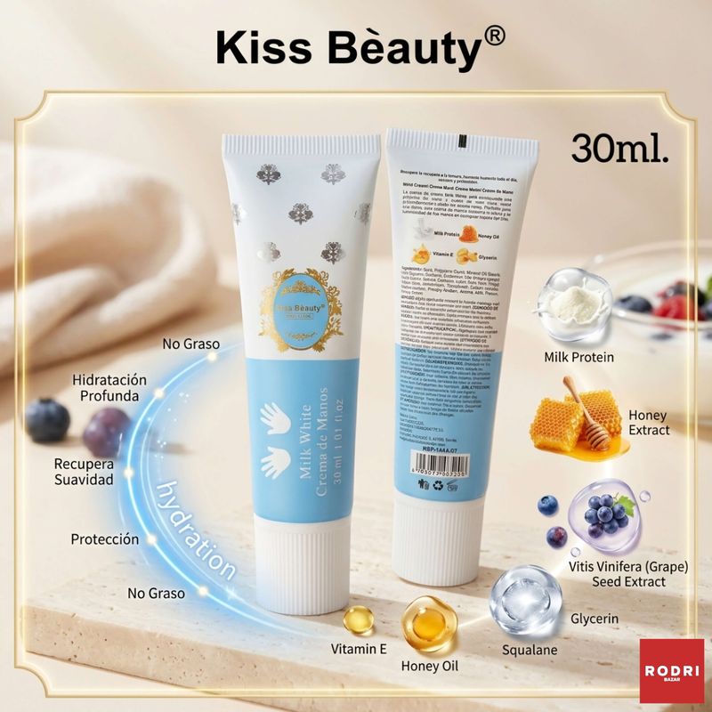 Crema de Manos Kiss Beauty Milk White - Hidratante y Aclaradora con Proteína de Leche 30ml