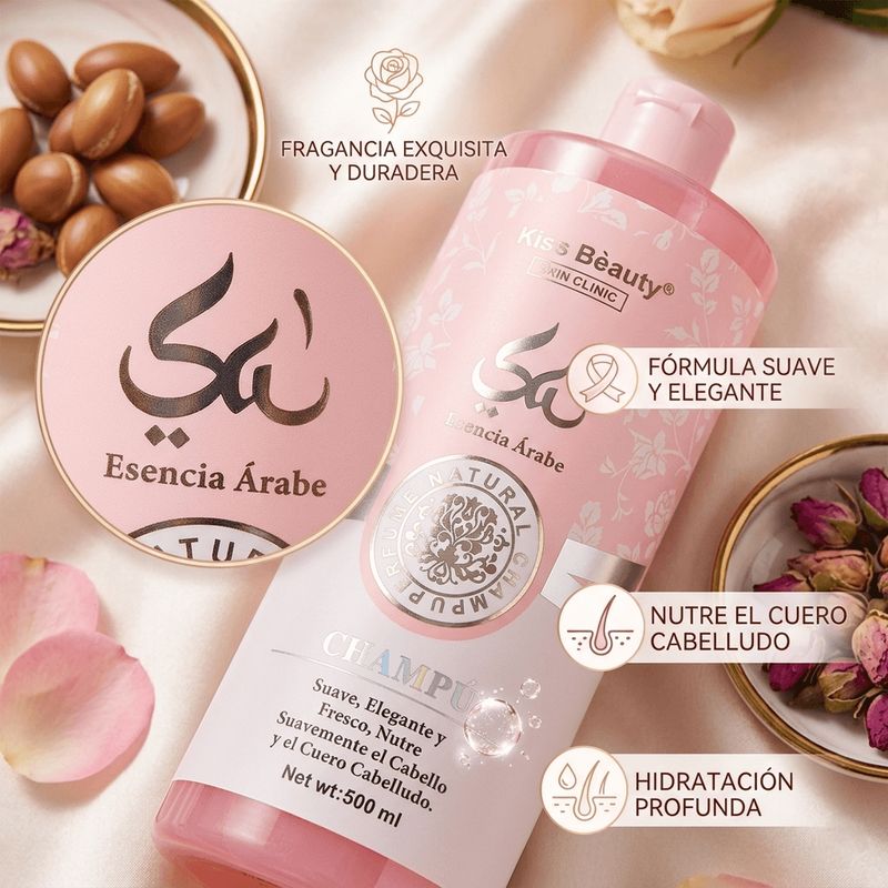 Champú Kiss Bèauty - Esencia Árabe  - Suave, Elegante y Fresco, Nutre el Cabello y el Cuero Cabelludo - 500ml.