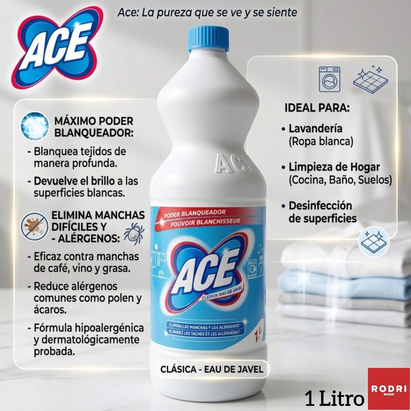 Ace Clásica 1 Litro - Poder Blanqueador - Elimina las Manchas y los Alérgenos.