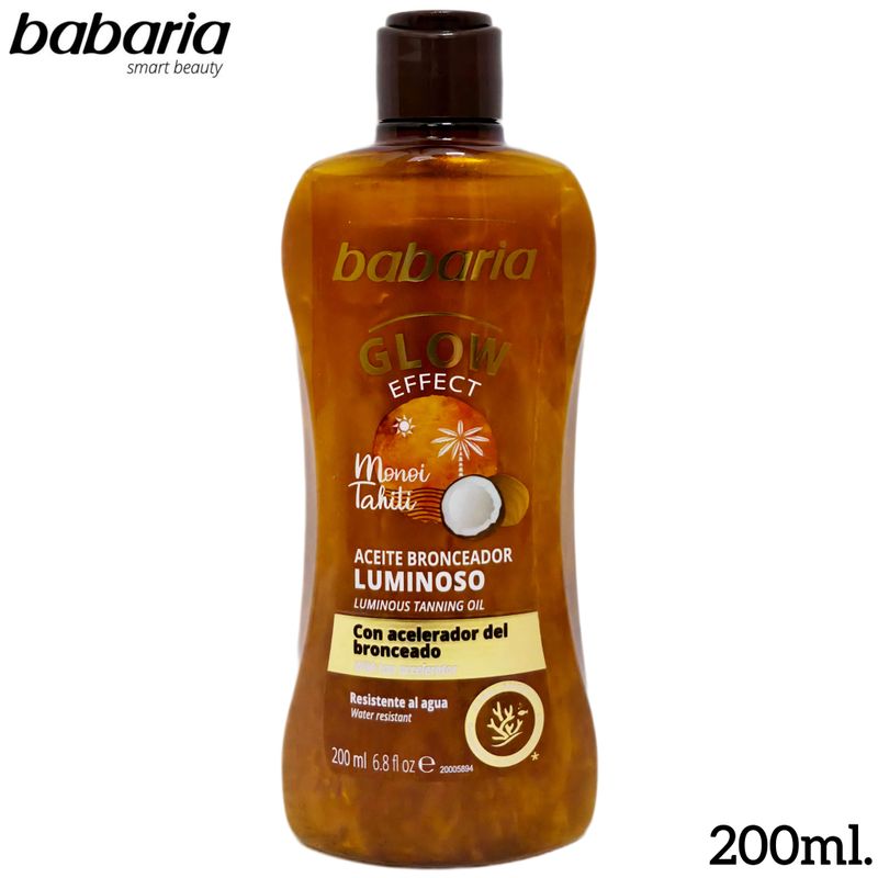 Babaria Aceite Bronceador Luminoso Glow Effect - Con Acelerador del Bronceado - Resistente al Agua - 200ml.