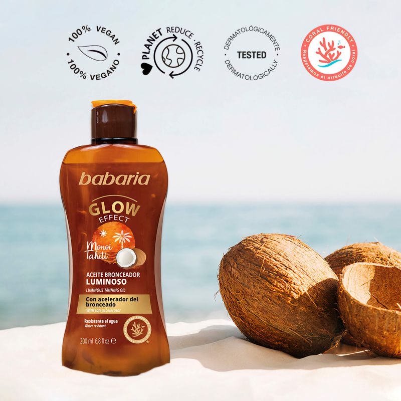 Babaria Aceite Bronceador Luminoso Glow Effect - Con Acelerador del Bronceado - Resistente al Agua - 200ml.