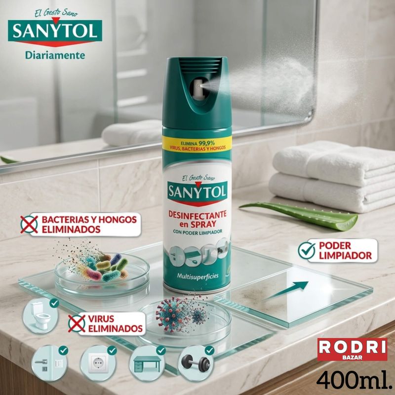 Sanytol Desinfectante en Spray con Poder Limpiador - Elimina 99,9% Virus, Bacterias y Hongos - 400ml.