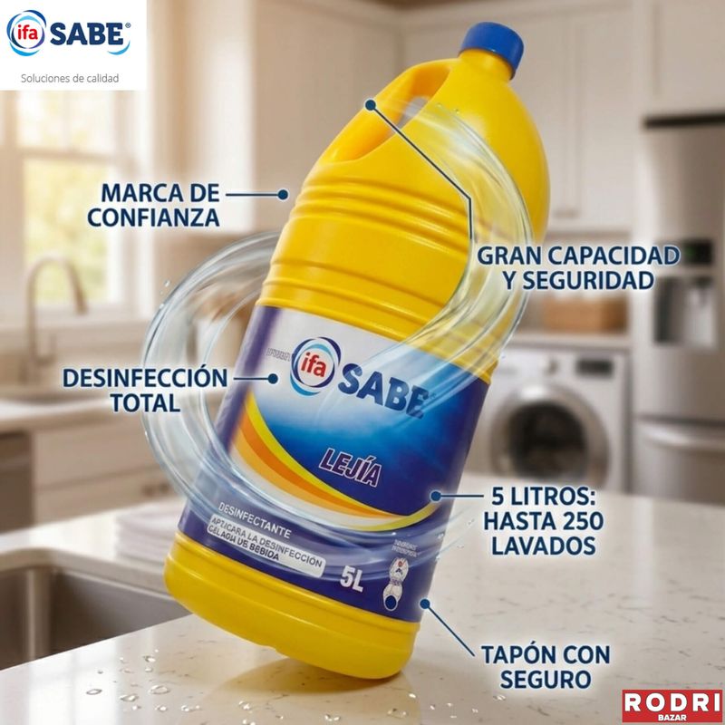 Lejía ifa SABE 5 Litros - Limpia y Desinfecta - Apta para Desinfección de Agua de Bebida.