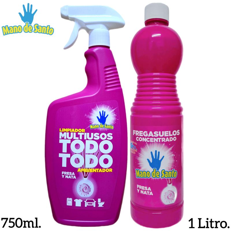 Lote Mano de Santo: Limpiador Multiusos 750ml. + Fregasuelos Concentrado 1 Litro.  - Aroma Fresa y Nata