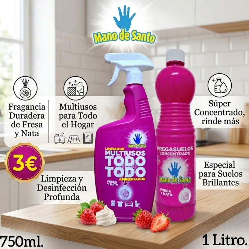 Lote Mano de Santo: Limpiador Multiusos 750ml. + Fregasuelos Concentrado 1 Litro.  - Aroma Fresa y Nata