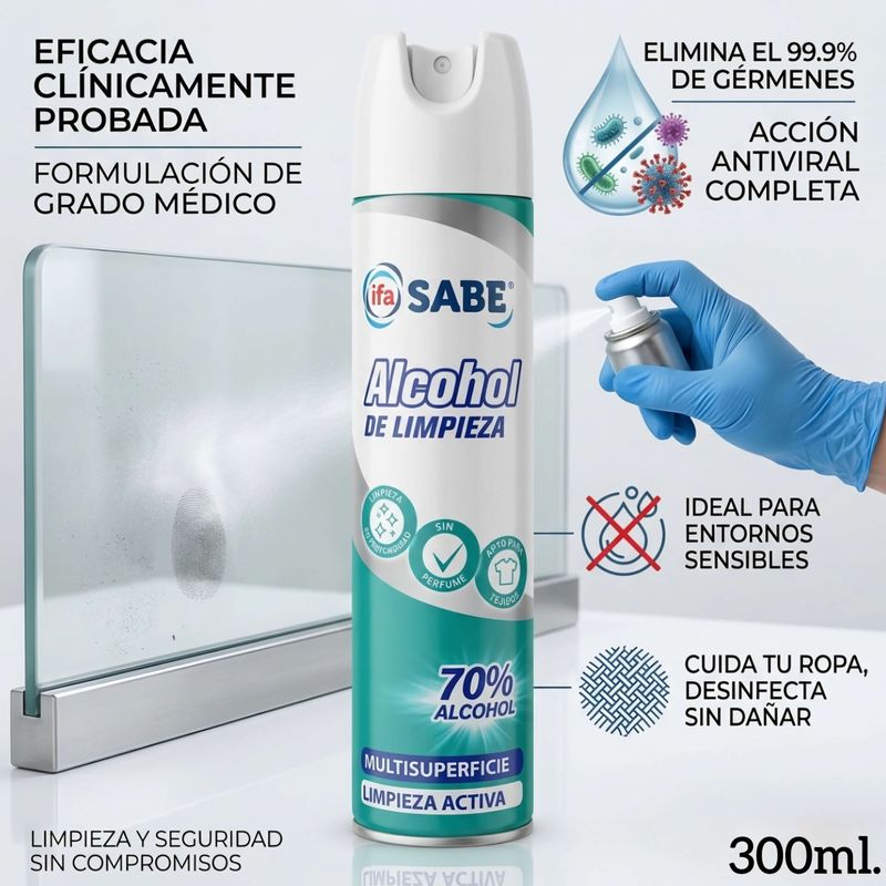 Alcohol de Limpieza ifa SABE Multisuperficies 70% Alcohol - Limpieza en Profundidad - Sin Perfume - Apto para Tejidos - 300ml.