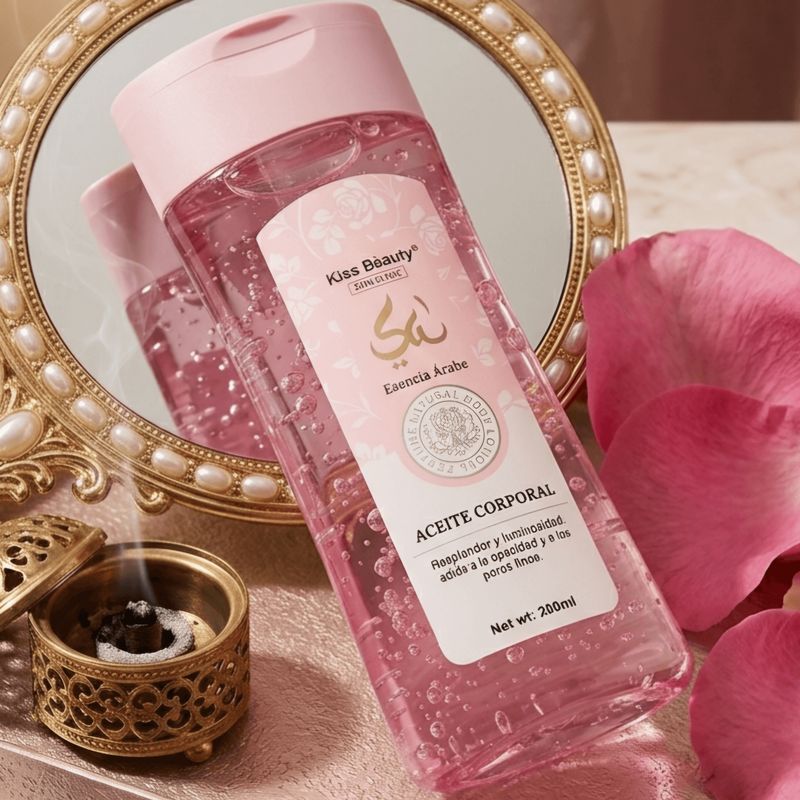 Aceite Corporal Kiss Beauty Skin Clinic - Esencia Árabe - Resplandor y Luminosidad - Adiós a la opacidad y a los poros finos - 200ml.