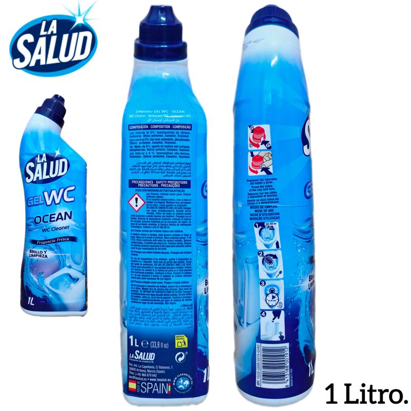 La Salud Gel WC Ocean - Fragancia Fresca - Limpiador inodoros Brillo y Limpieza - 1 Litro.