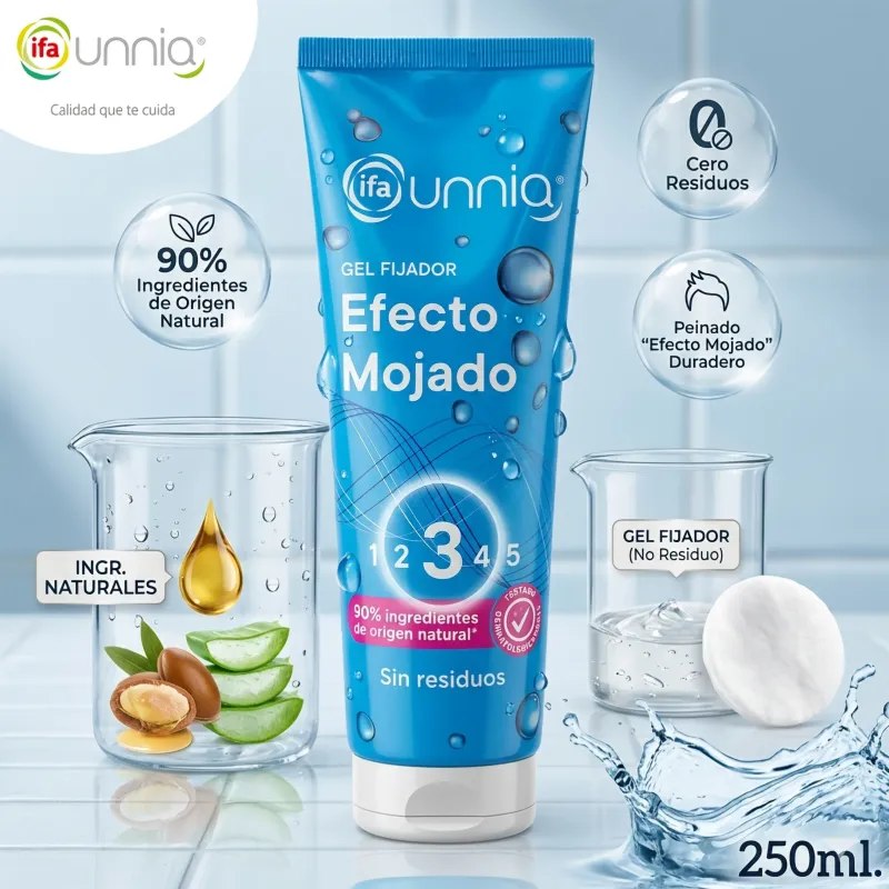 Gel Fijador Gomina Efecto Mojado - ifa unnia - Sin Residuos - Nivel 3 - 250ml.