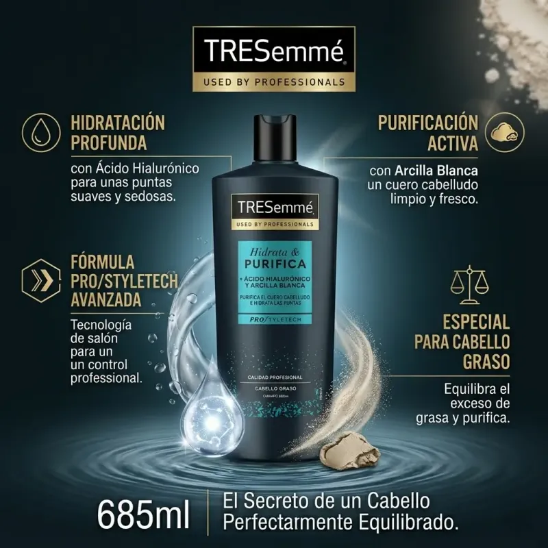 Champú TRESemmé Hidrata y Purifica + Ácido Hialurónico y Arcilla Blanca - Cabello Graso - 685ml