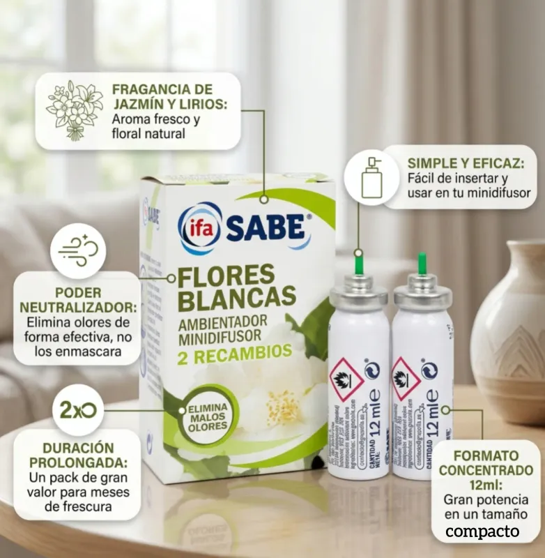 Ambientador Minidifusor Manual ifa SABE - Flores Blancas - 2 Recambios - Elimina Malos Olores - 2X12ml