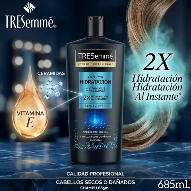 Champú TRESemmé Hidratación Intensa + Vitaminas E y Ceramidas - Cabellos Secos o Dañados - 685ml