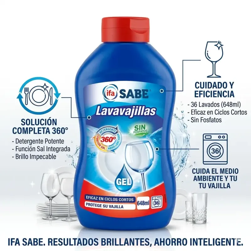 Lavavajillas Gel Máquina IFA SABE Todo en 1 - 648ml (36 Lavados) - Eficaz en Ciclos Cortos