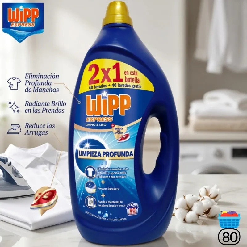 Detergente Líquido Wipp Express Limpio y Liso | Formato Ahorro 80 Lavados (2x1)