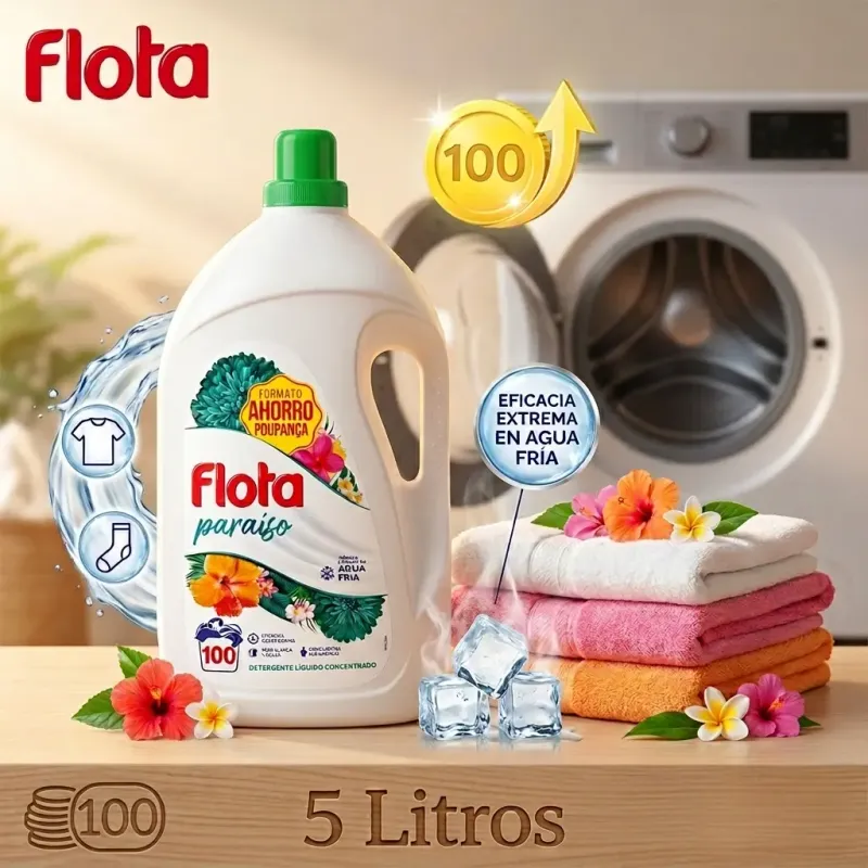 Detergente Líquido Concentrado Flota Paraíso | Formato Ahorro 100 Lavados | 5 Litros