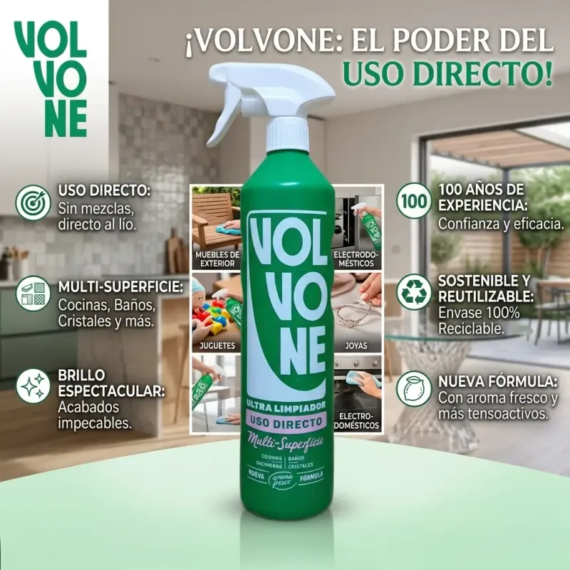Volvone Verde Uso Directo Multi-Superficies | Aroma Fresco | Limpiador Pistola 750ml