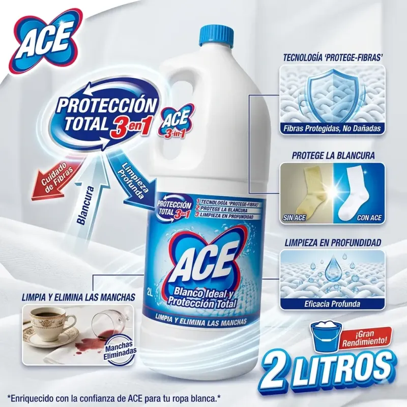 Lejía ACE Blanco Ideal y Protección Total 2 Litros | Ropa Blanca y Hogar