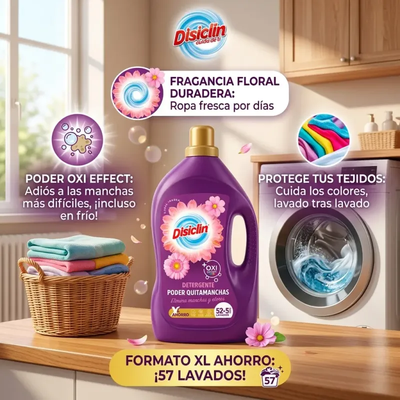 Detergente Líquido Disiclin Quitamanchas +Oxi Ropa Blanca y Color | 57 Lavados (2700 ml)