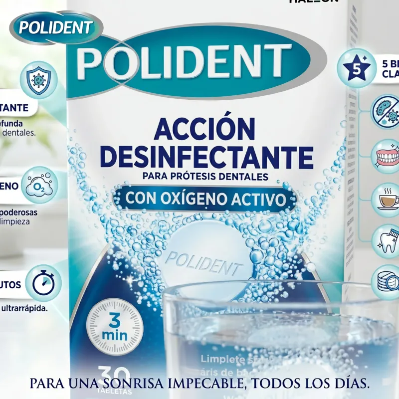 Polident Acción Desinfectante Pastillas Limpiadoras para Prótesis Dentales | 30 Tabletas