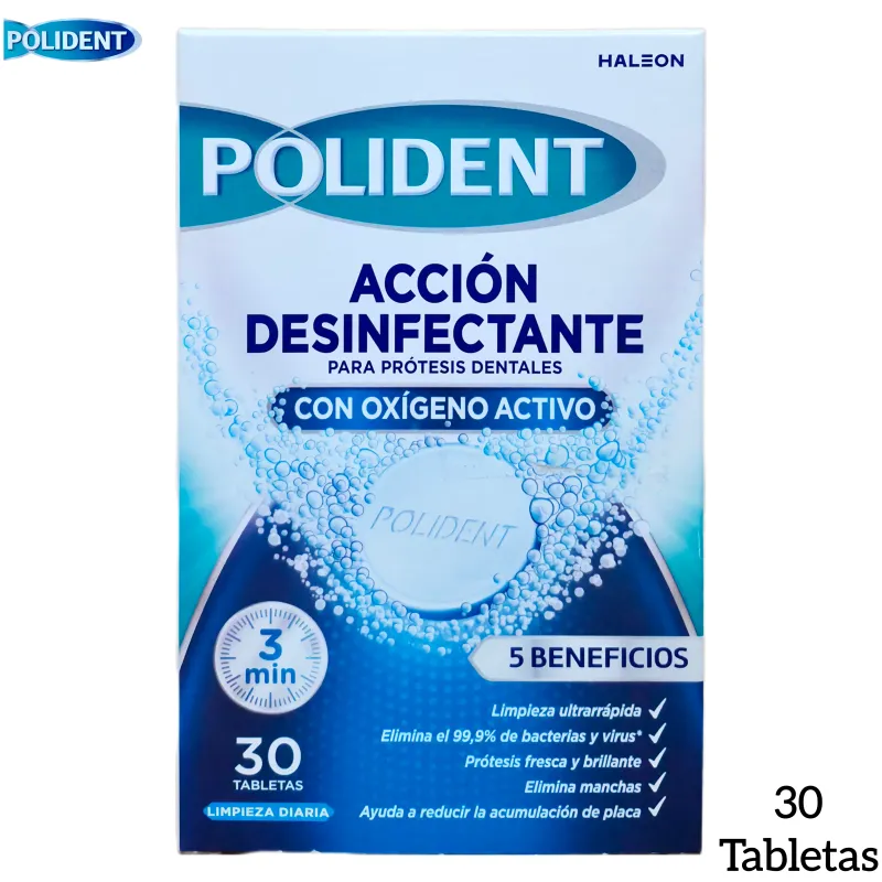 Polident Acción Desinfectante Pastillas Limpiadoras para Prótesis Dentales | 30 Tabletas