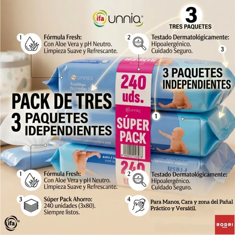 Toallitas Húmedas de Bebé IFA Unnia Fresh Súper Pack 240 unidades (3x80 uds) con Aloe Vera y pH Neutro