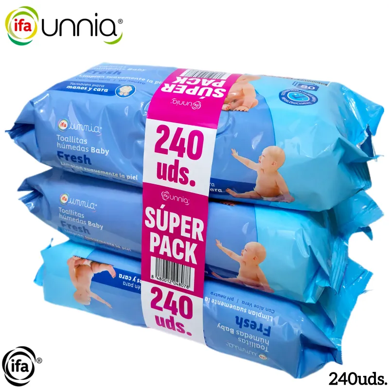 Toallitas Húmedas de Bebé IFA Unnia Fresh Súper Pack 240 unidades (3x80 uds) con Aloe Vera y pH Neutro