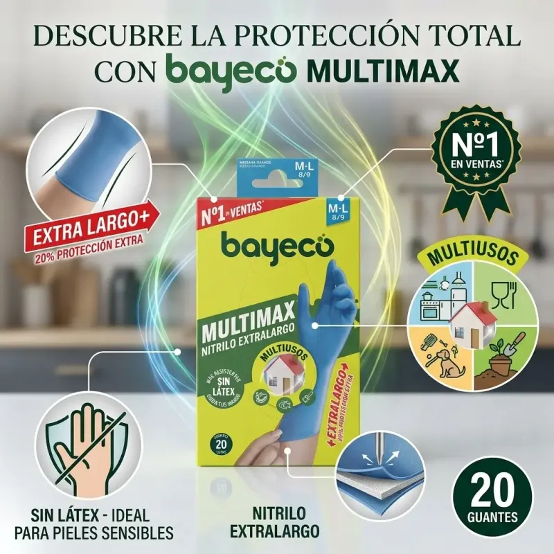 Guantes de Nitrilo Azules Bayeco Multimax Extralargo M-L (Talla 8/9) - Caja de 20 Unidades