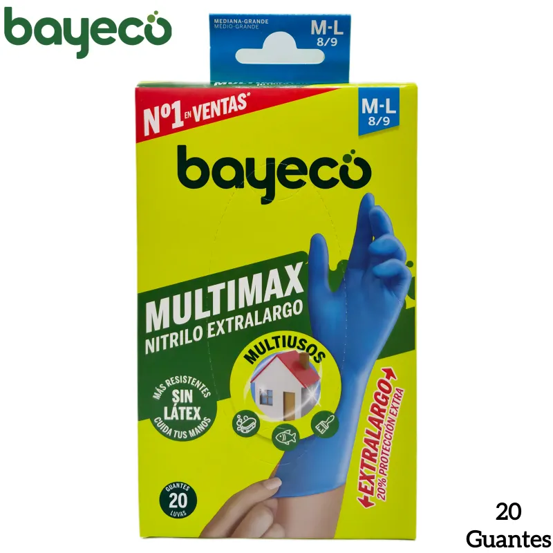 Guantes de Nitrilo Azules Bayeco Multimax Extralargo M-L (Talla 8/9) - Caja de 20 Unidades