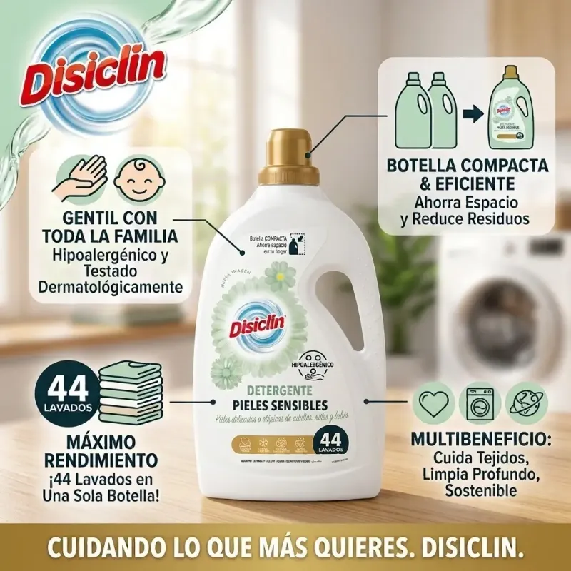 Detergente Líquido Disiclin Pieles Sensibles y Atópicas | Bebés Niños Adultos - 44 Lavados (2.300 ml)