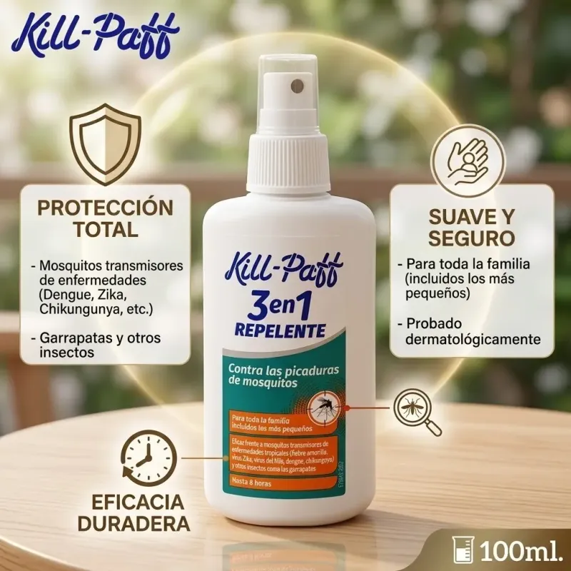 Kill-Paff 3 en 1 Repelente de Mosquitos en Spray 100ml | Para toda la familia | Hasta 8 horas
