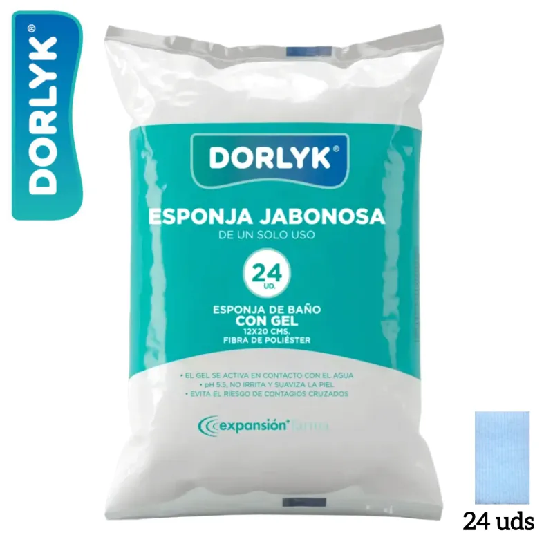 Esponja Jabonosa Desechable Dorlyk con Gel Dermatológico pH 5.5 (Paquete 24 uds - 12x20 cm) – Esponja de Baño Monouso para Higiene Corporal, Pacientes Encamados, Movilidad Reducida, Viajes y Camping