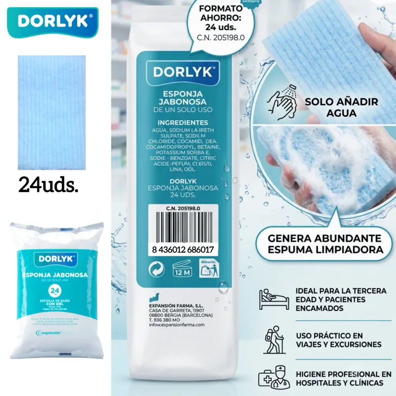 Esponja Jabonosa Desechable Dorlyk con Gel Dermatológico pH 5.5 (Paquete 24 uds - 12x20 cm) – Esponja de Baño Monouso para Higiene Corporal, Pacientes Encamados, Movilidad Reducida, Viajes y Camping