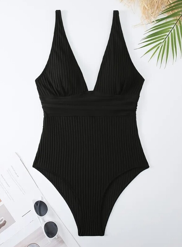 V neck Striped One piece swimsuit Black