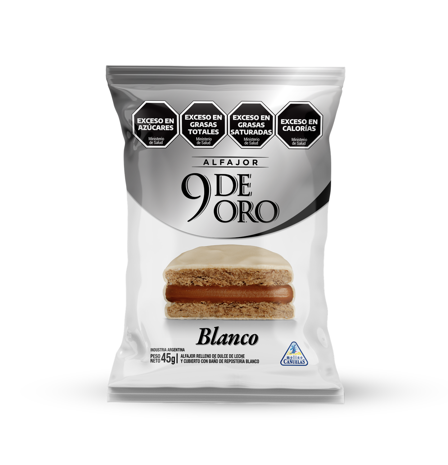 9 DE ORO ALFAJOR SIMPLE BLANCO X45grs