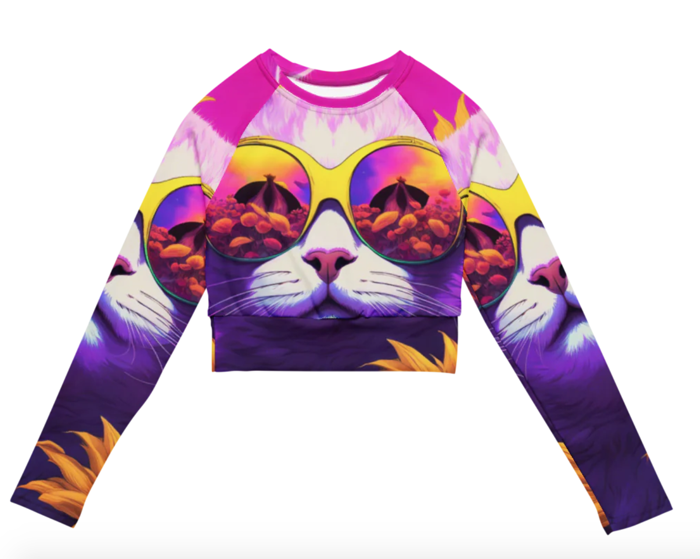 kitten print long sleeve crop top