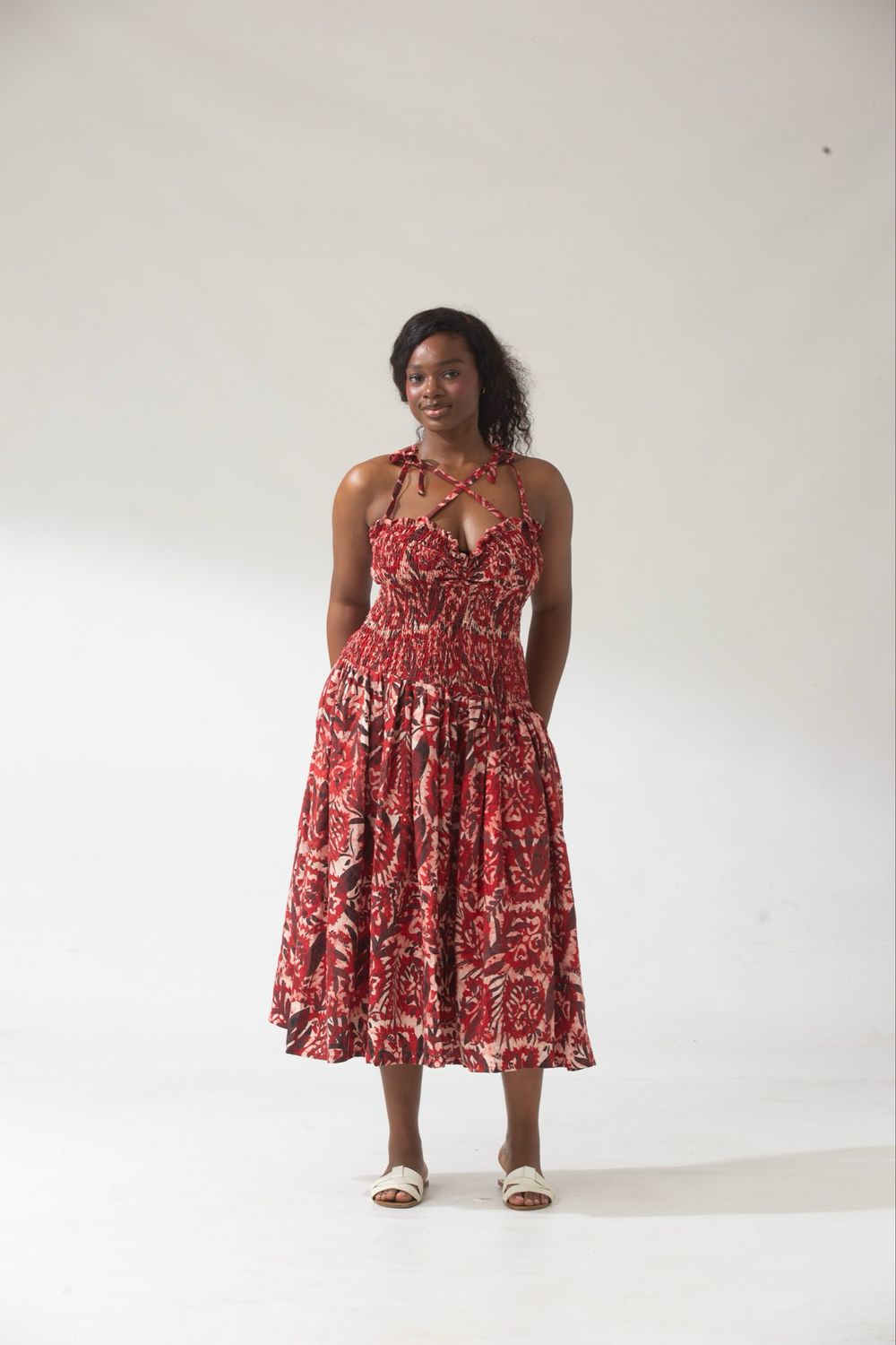 Smocked Adire Midi Dress