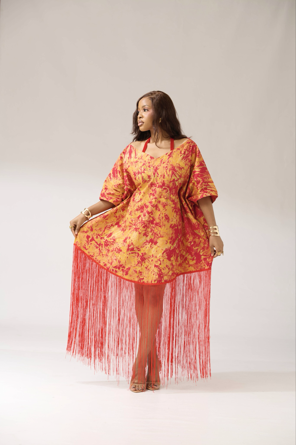Midi Adire Fringed Kaftan