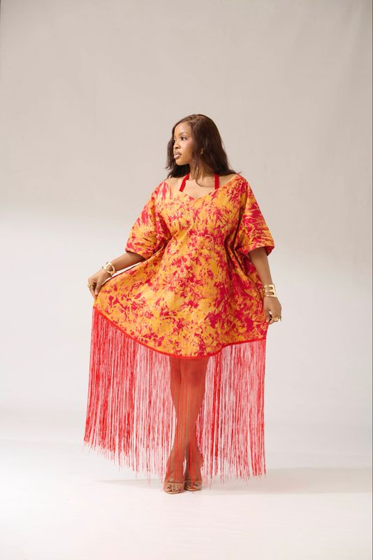 Midi Adire Fringed Kaftan