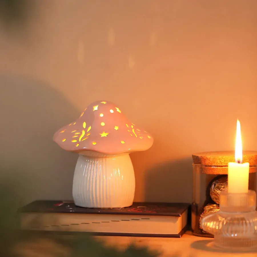 Ceramic LED Pink and White Toadstool Light
