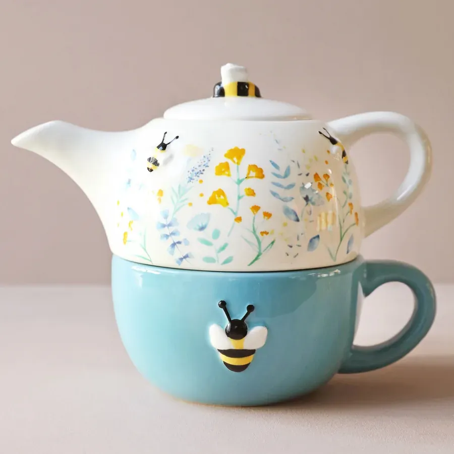 Cornflower Blue Floral Teapot and Mug Set