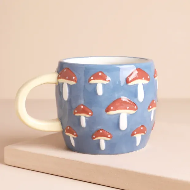 Blue Embossed Toadstool Ceramic Mug