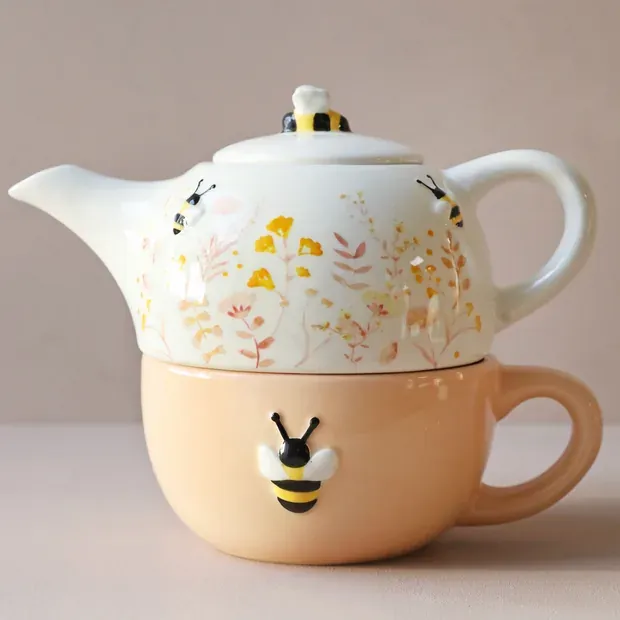 Dusky Pink Floral Bee Ceramic Teapot and Mug Set