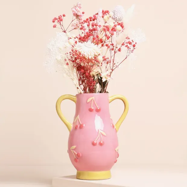 Pink and Yellow Embossed Ceramic Vase