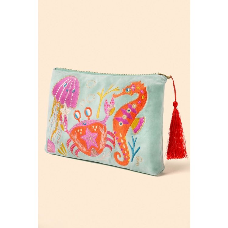 Velvet Zip Pouch - Seashore Friends - Aqua