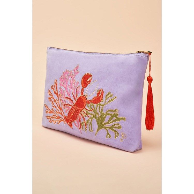 Velvet Embroidered Zip Pouch - Lobster Buddies, Lavender
